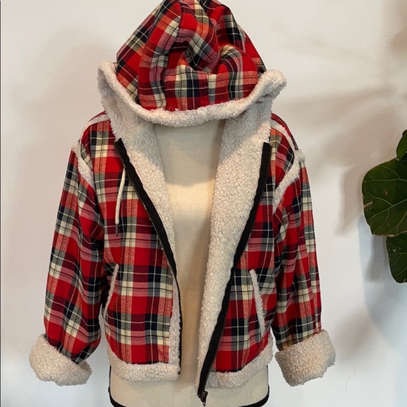 Mags & pye red plaid Sherpa wool zip hoodie jacket - Picture 1 of 4